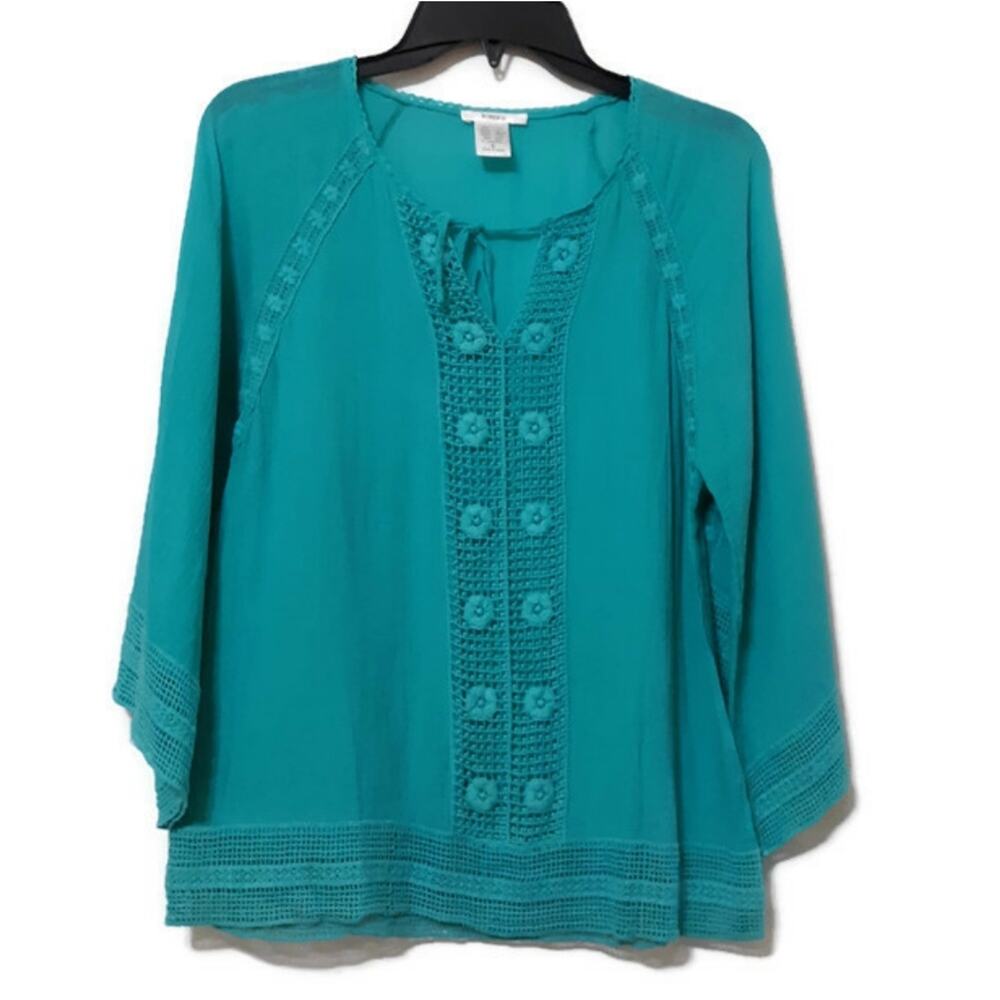 Esley Turquoise Blue Crochet-Panel Cotton Gauzy 3/4 Sleeve Peasant Blouse